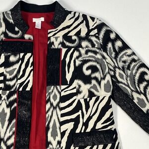 Chicos Size 1 (M/8) Abstract Zebra Open Front Jacket Blk White Red Lined Blazer